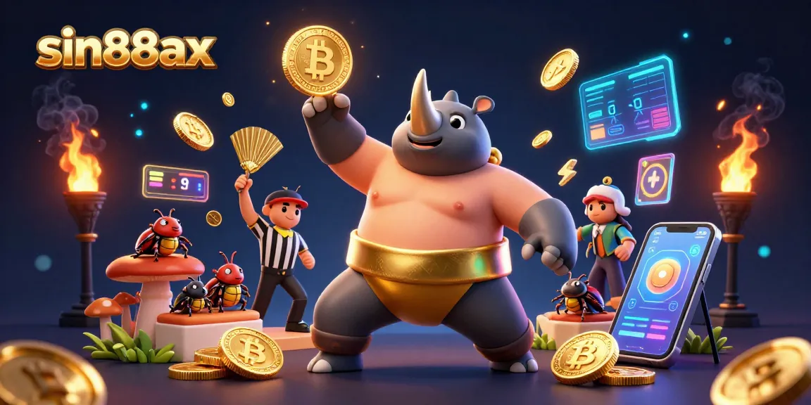 Experience thrilling gameplay with sin88ax as a rhinoceros beetle sumo champion stomps gold coins, illuminated by blockchain elements.