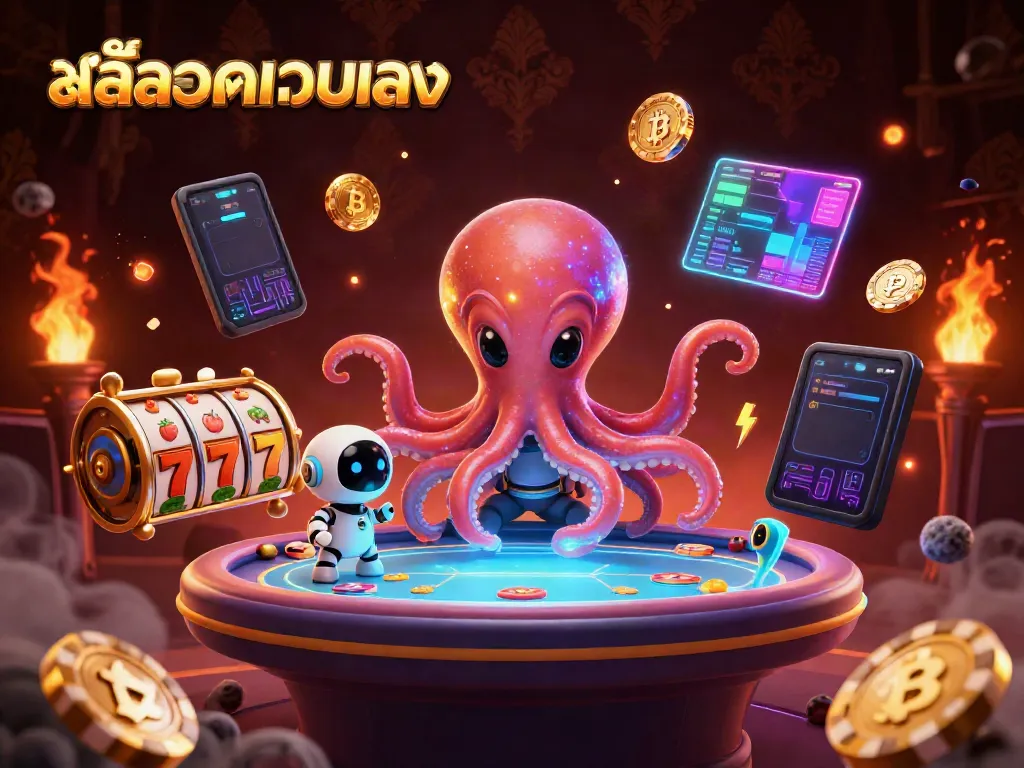 Engage with สล็อตเว็บตรง featuring dynamic alien octopus at a holographic poker table amidst glowing cryptocurrencies and vibrant casino elements.