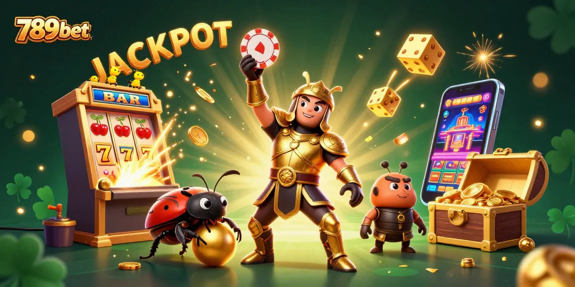 Celebrate a WIN with 789bet, featuring a herculean beetle lifting a poker chip amidst vibrant casino chaos.
