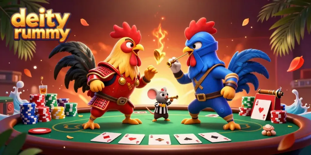 Ruang permainan deity rummy dengan ayam jantan bertarung, dikelilingi chip poker.