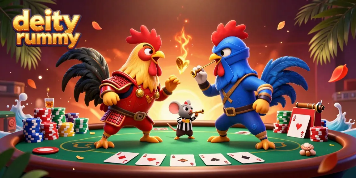 Ruang permainan deity rummy dengan ayam jantan bertarung, dikelilingi chip poker.