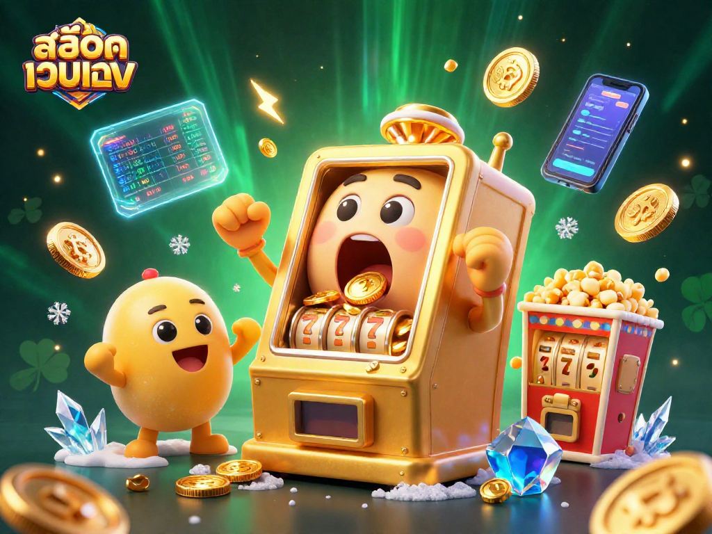 Experience สล็อตเว็บตรง thrills as a golden slot machine celebrates jackpot wins, surrounded by cheers and crypto flair.