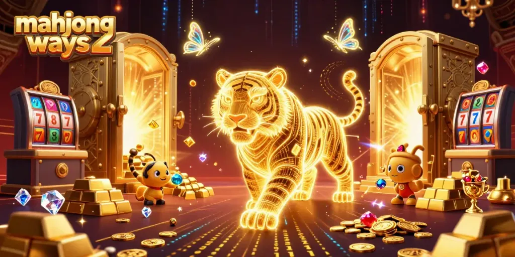 Experience thrilling gameplay with Mahjong Ways 2 as a neon tiger and holographic butterflies illuminate the digital casino landscape.