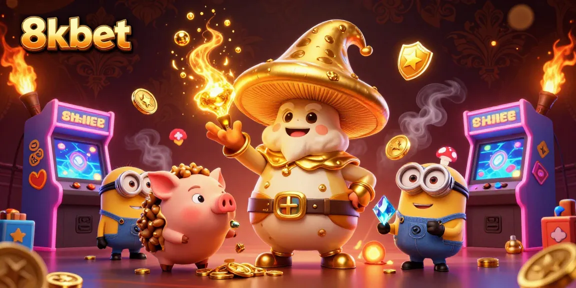 8xbet offers thrilling gaming adventures with golden wizard and treasure-loving pig in vibrant casino setting.