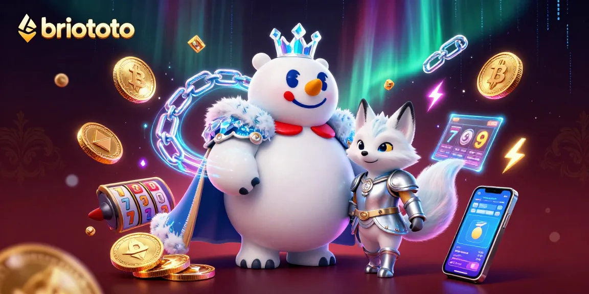 Briototo promotes thrilling slot adventures with a royal-themed illustration showcasing a polar bear king and silver fox.