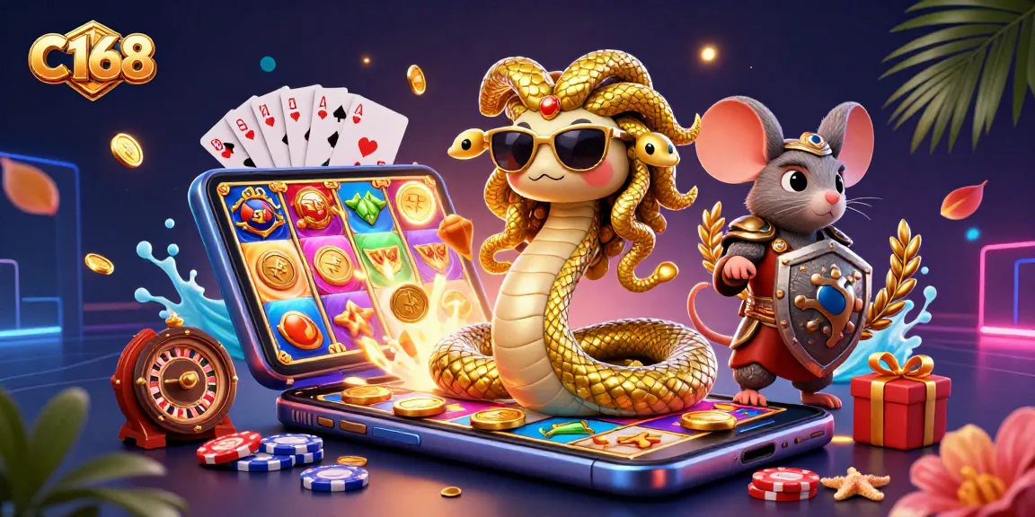 C168 invites players to enjoy exciting casino experiences with vibrant gaming elements in a 3D illustration.