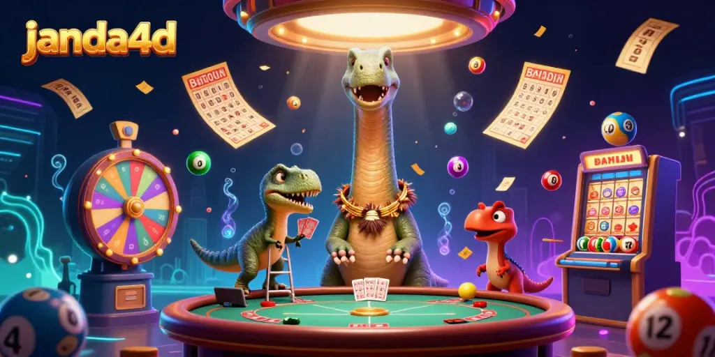 Permainan janda4d dengan dinosaurus 3D dan elemen kasino yang menarik.