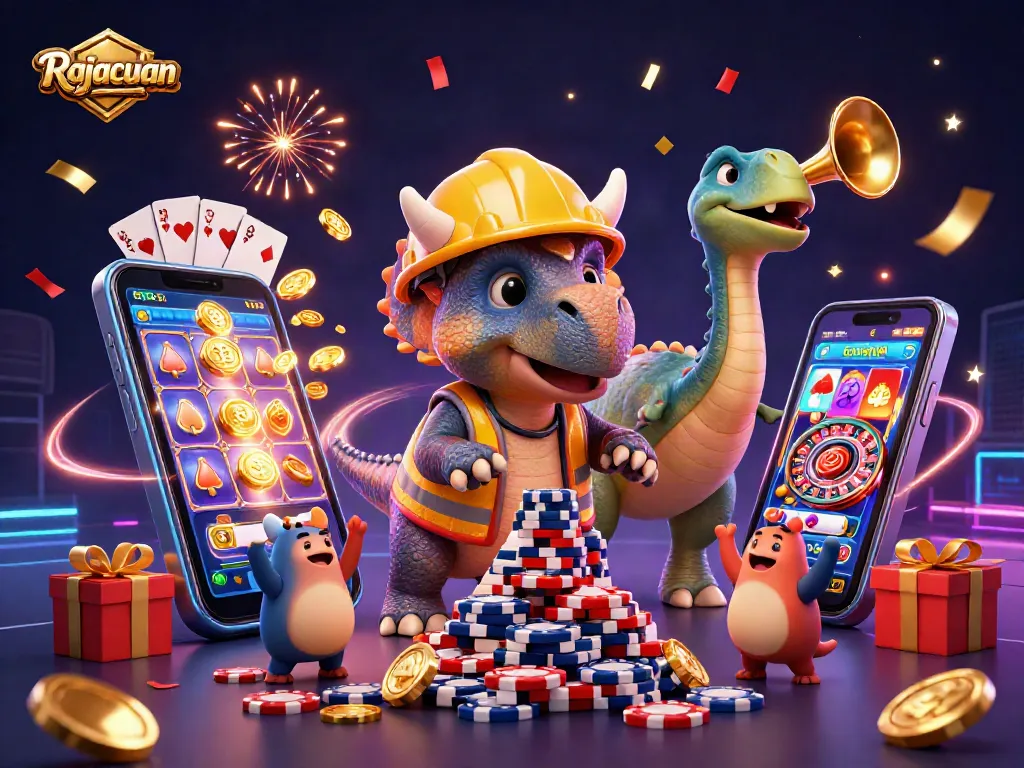 Engage with Rajacuan's vibrant casino world through a dynamic scene of excitement and win.