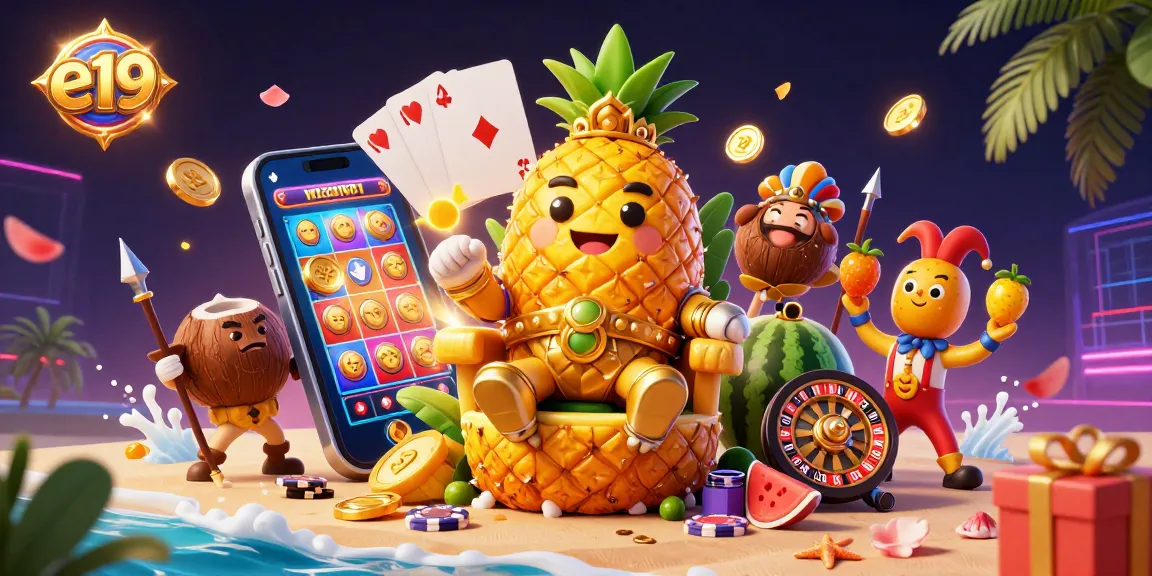 Play slots at e19 with golden pineapple king and vibrant casino elements, showcasing online gambling action.