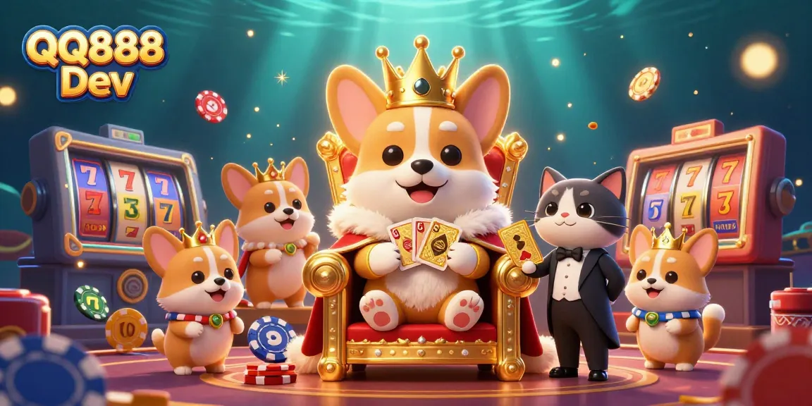 Engage with QQ888 Dev through a vibrant 3D illustration showcasing lively casino elements and characters.