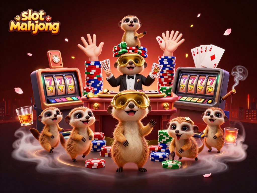 Experience the excitement of slot mahjong with cheerful meerkats running a vibrant casino operation in a rich atmosphere.
