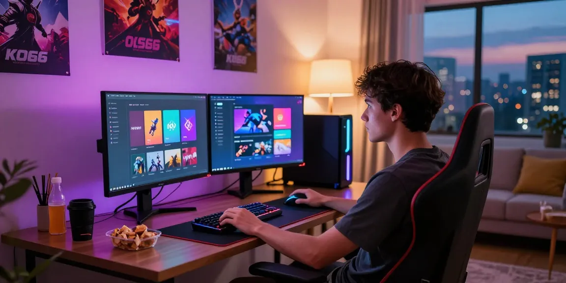 Intensely focused gamer using KO66 app on dual screens in modern living room