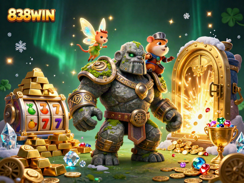 Join the excitement at 838WIN with animated golems, treasures, and slot symbols illuminating the action.