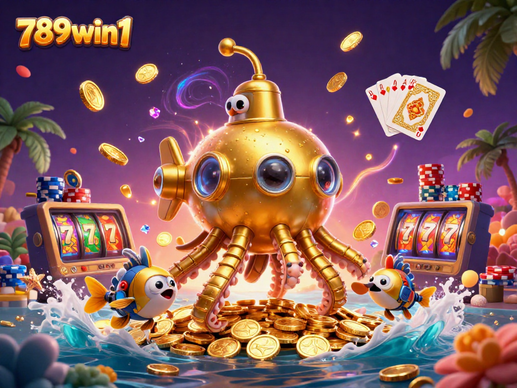 Win big with 789win1 at the vibrant casino-themed 3D illustration featuring slots and poker.
