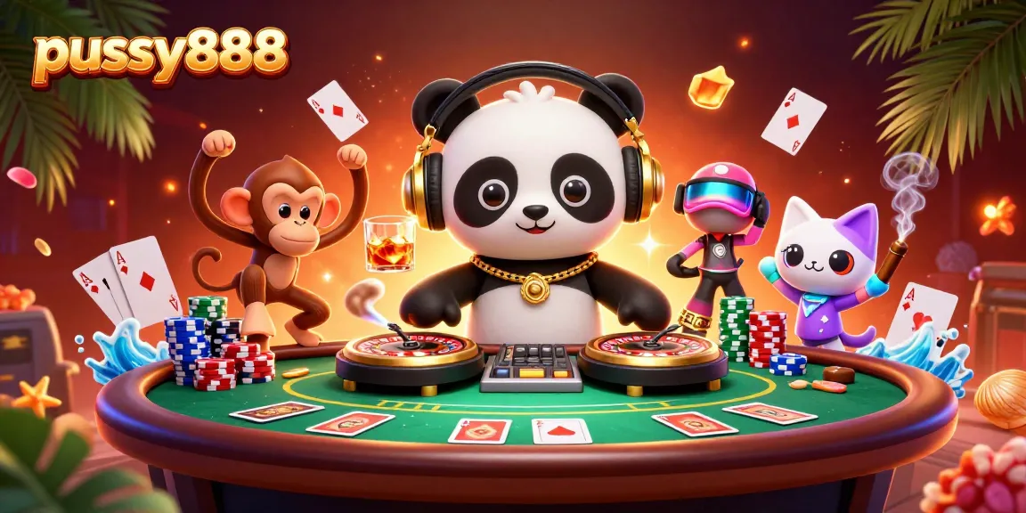 Engage with the exciting world of pussy888, featuring vibrant casino elements and animated characters.