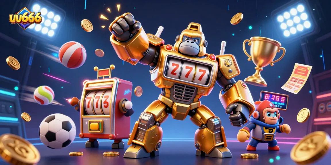 Experience thrilling wins at uu666 with a golden gorilla mech amid dynamic sports action.