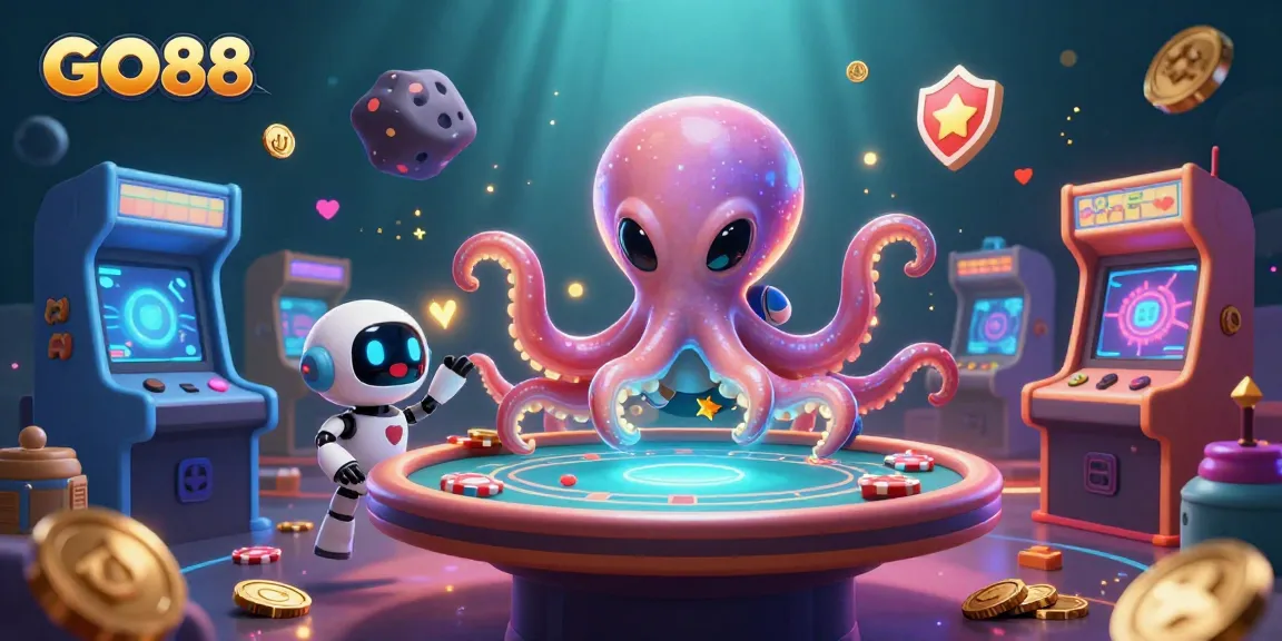 Win big at GO88 with an energetic alien octopus playing poker surrounded by vibrant casino games.