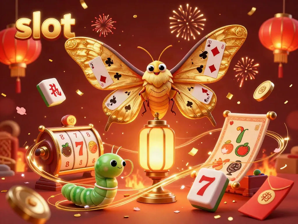 Engage with animated slot fun featuring vibrant casino elements and captivating moths.