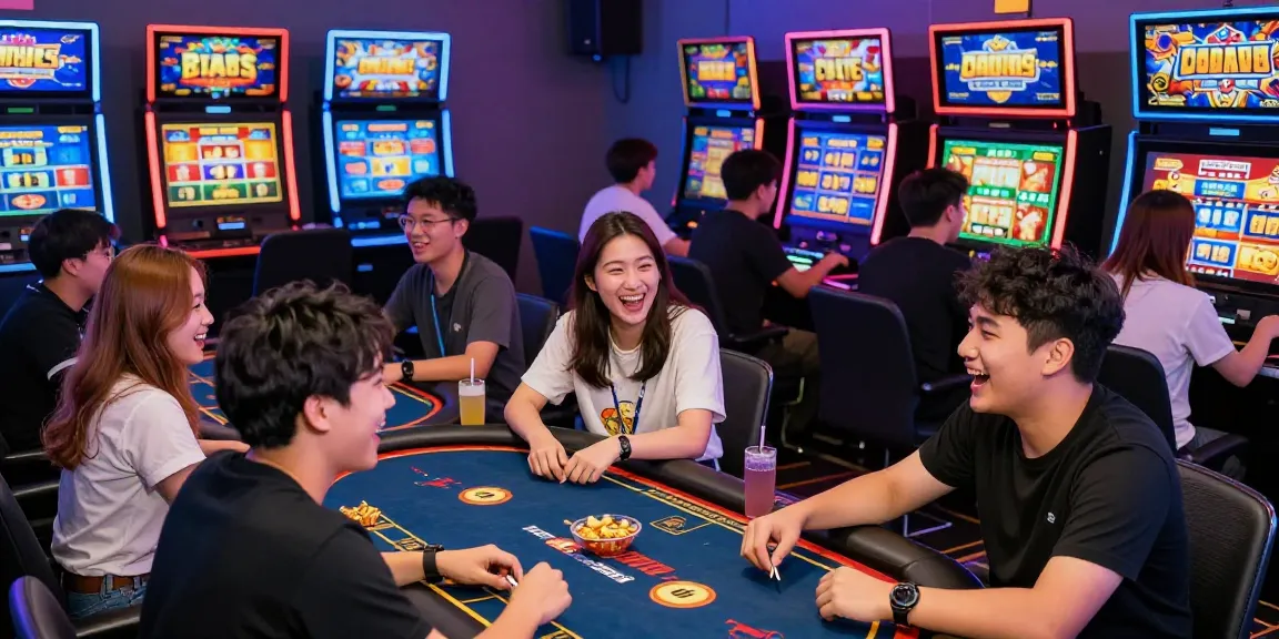Engaging scene of friends playing game bài đổi thưởng in a vibrant gaming hub, showcasing excitement and camaraderie.