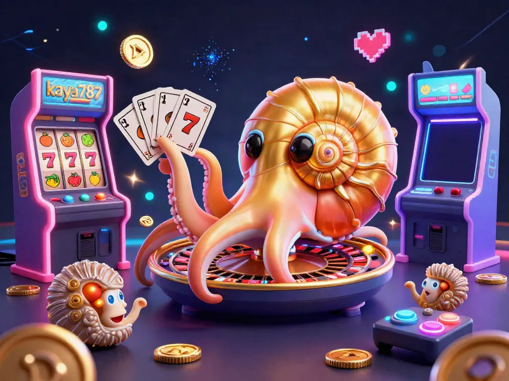 Experience the excitement of kaya787 featuring a giant nautilus roulette wheel amidst vibrant gaming elements.