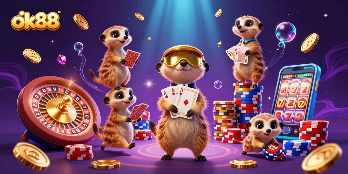 Experience the excitement of ok88 with animated meerkats running a lively casino, featuring slot machines and roulette.