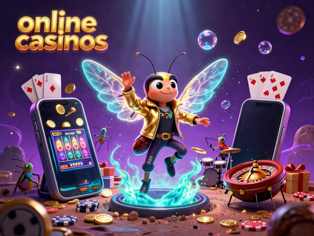 Experience vibrant online casinos action with a cicada rock star, beetle drummer, and electric casino elements.