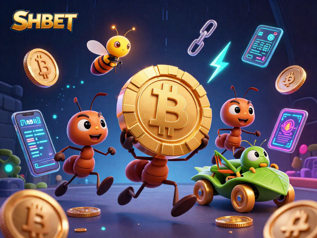 Join the fun with SHBET as cartoon ants carry a giant poker chip in a vibrant casino heist.