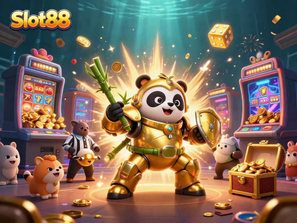 Experience the thrill of Slot88 with a dynamic scene of a golden panda piloting a robot amidst a jackpot explosion.