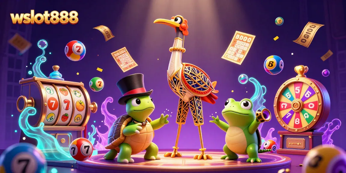 Rasakan serunya bermain di WSLOT888 dengan ilustrasi kasino yang menampilkan karakter unik serta simbol keberuntungan.