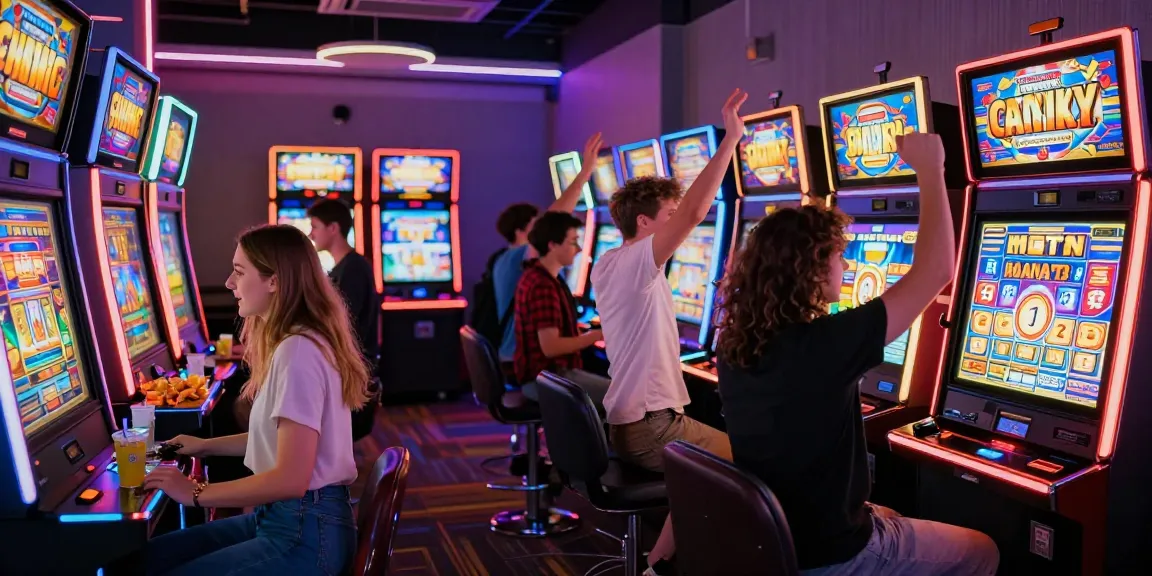 Suasana arcade yang ceria dengan permainan slot, teman-teman bersenang-senang.