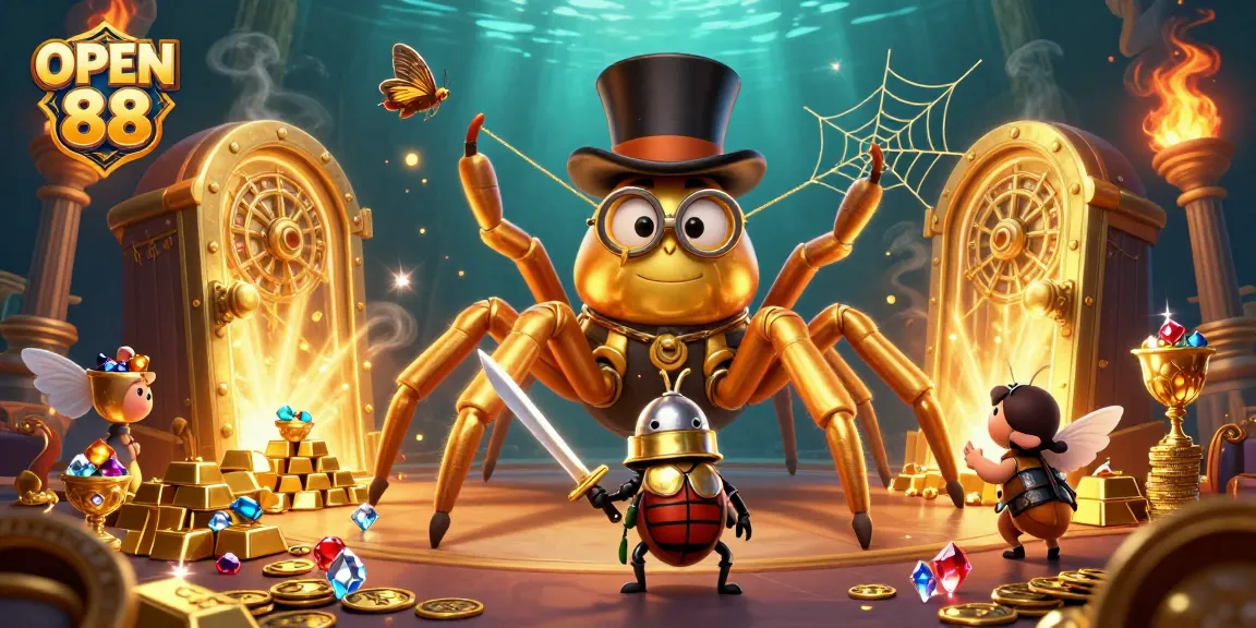 Engage in the exhilarating world of OPEN 88 with a dynamic scene of a golden tarantula and beetle knight.