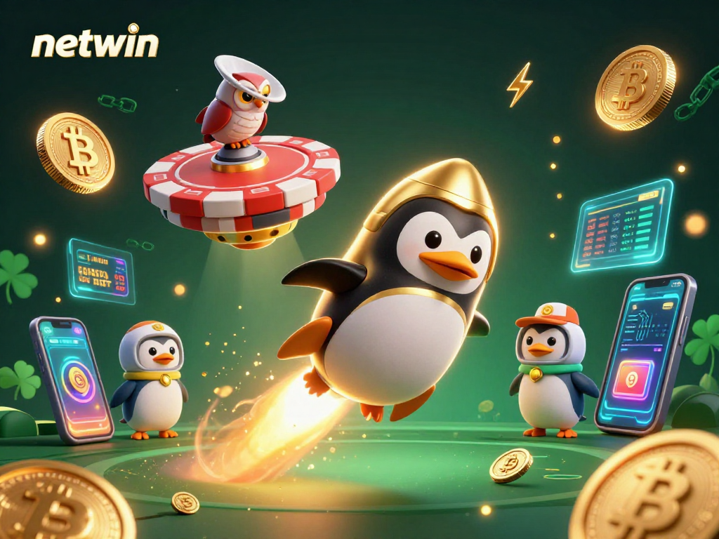 Experience thrilling action with netwin as a golden penguin navigates through a vibrant casino cosmos.