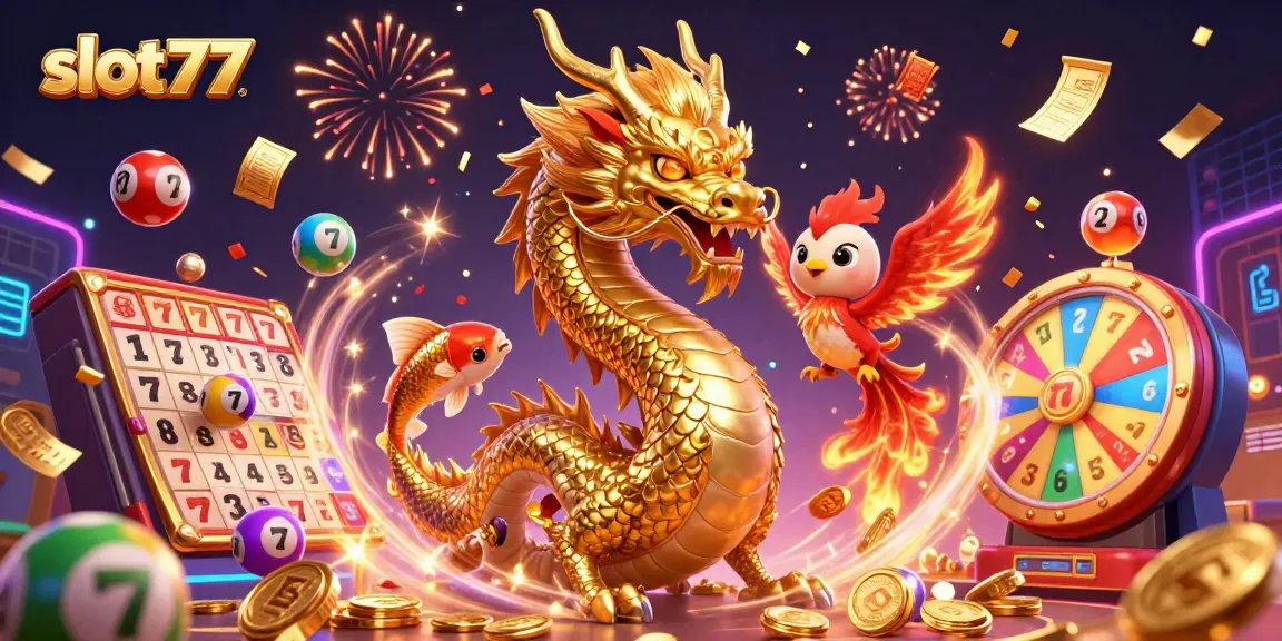 Spin and win with slot77 in a vibrant casino scene featuring dragons, jackpots, and excitement.