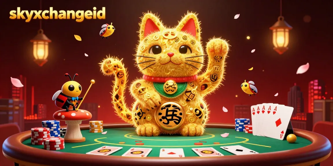 Experience thrilling gaming with skyxchangeid as golden fireflies create a lucky cat, surrounded by poker elements.