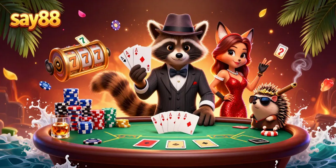 Experience exhilarating gameplay at say88 with a 3D scene depicting excitement at the poker table while showcasing vibrant gambling elements.