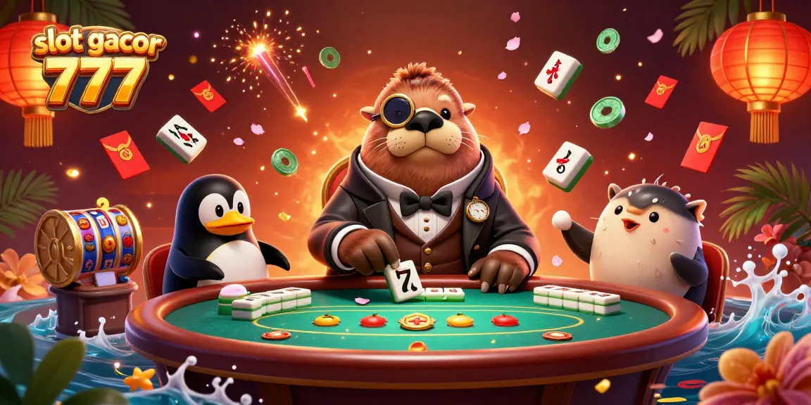 Slot gacor 777 dalam ilustrasi 3D dengan karakter permainan di kasino bersama elemen slot lainnya.