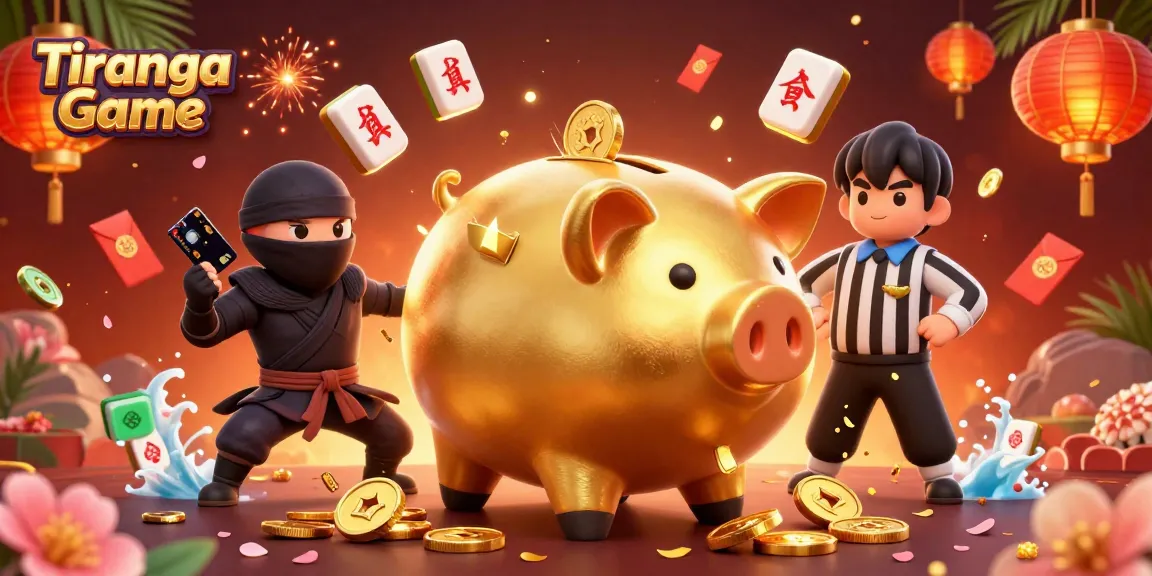 Tiranga Game's explosive gaming excitement with a golden piggy bank wrestler and colorful casino elements.