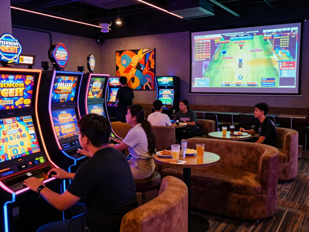 Players enjoying slot gacor 4d games in a vibrant gaming lounge, surrounded by colorful machines and friendly atmosphere.