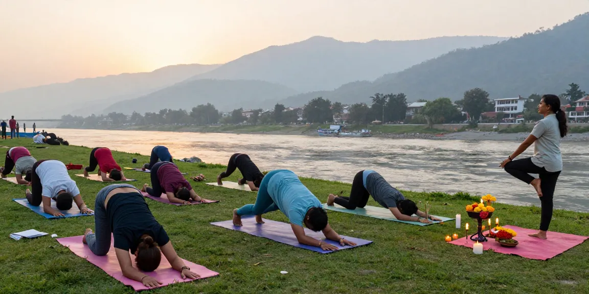 Students engaged in yoga teacher training course India by River Ganga in Rishikesh, highlighting asanas and serene Himalayan backdrop.
