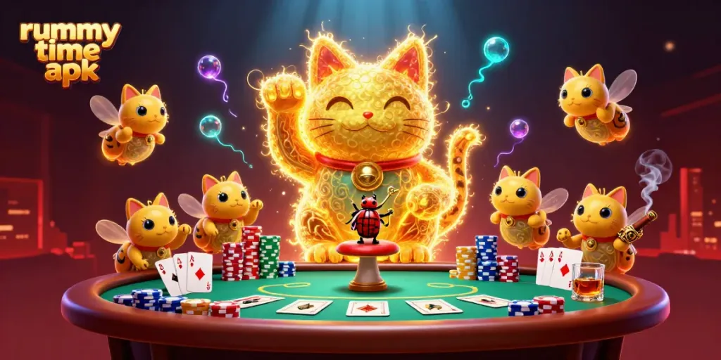 Experience engaging rummy gameplay with the vibrant rummy time apk illustration, featuring dynamic casino elements.