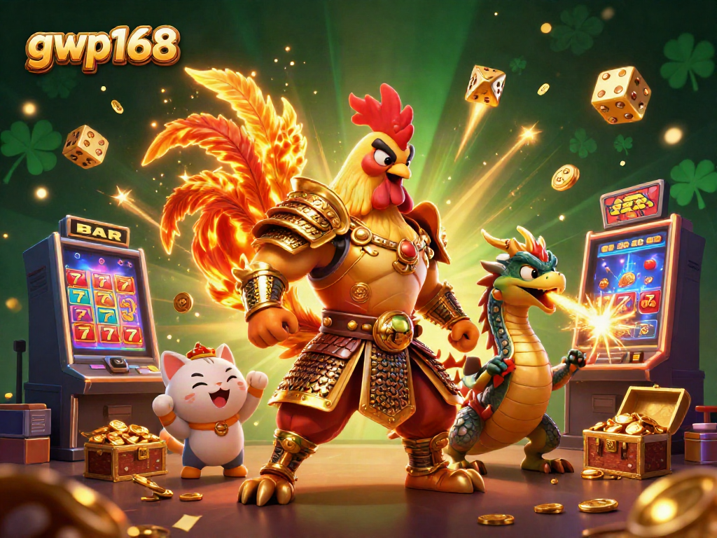 Mengalahkan jackpot dengan gaya di GWP168, menunjukkan pahlawan ayam, naga, dan kucing keberuntungan di kasino digital.