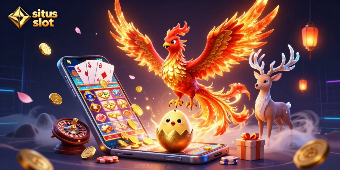 Situs dewa slot menampilkan ilustrasi 3D phoenix api dan slot game berwarna-warni, dipenuhi koin emas.