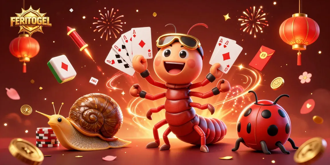 Engage with FERITOGEL's vibrant casino experience featuring a cartoon millipede dealer, high-roller snail, and joyfully spinning luck.