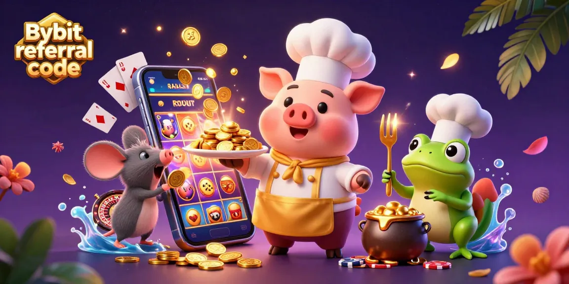Experience the thrill of using the Bybit referral code with a joyful chef pig and friends celebrating crypto rewards.