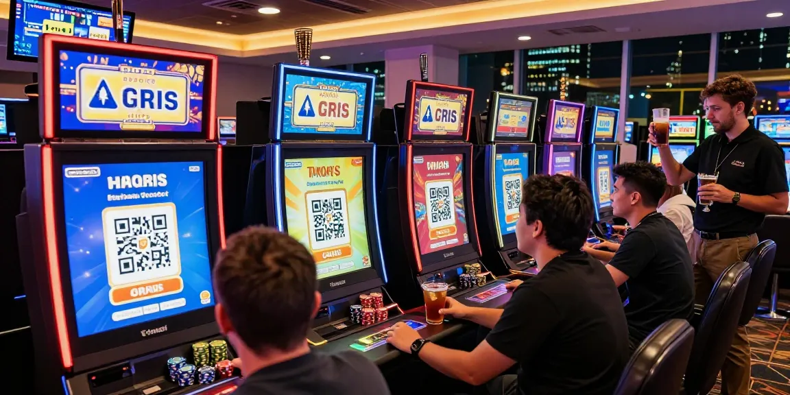 Excited players engaging with slot deposit QRIS integration at a lively casino.