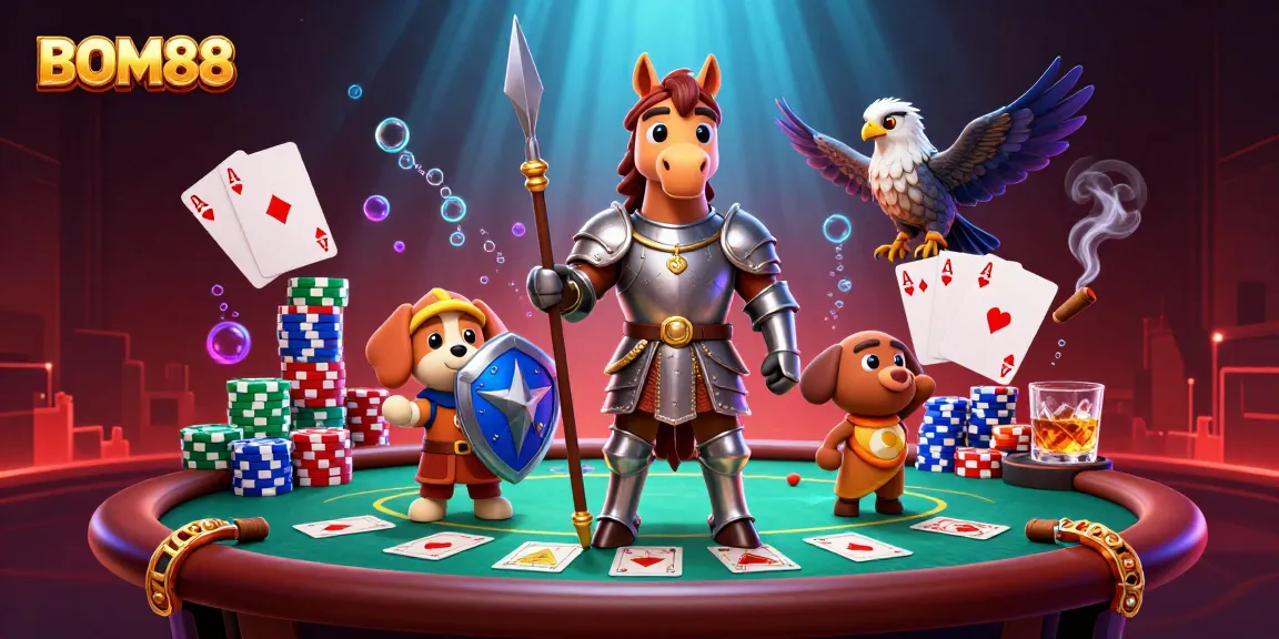 BOM88 features a knight, squire puppy, and falcon amidst a lively casino scene with poker cards and chips.