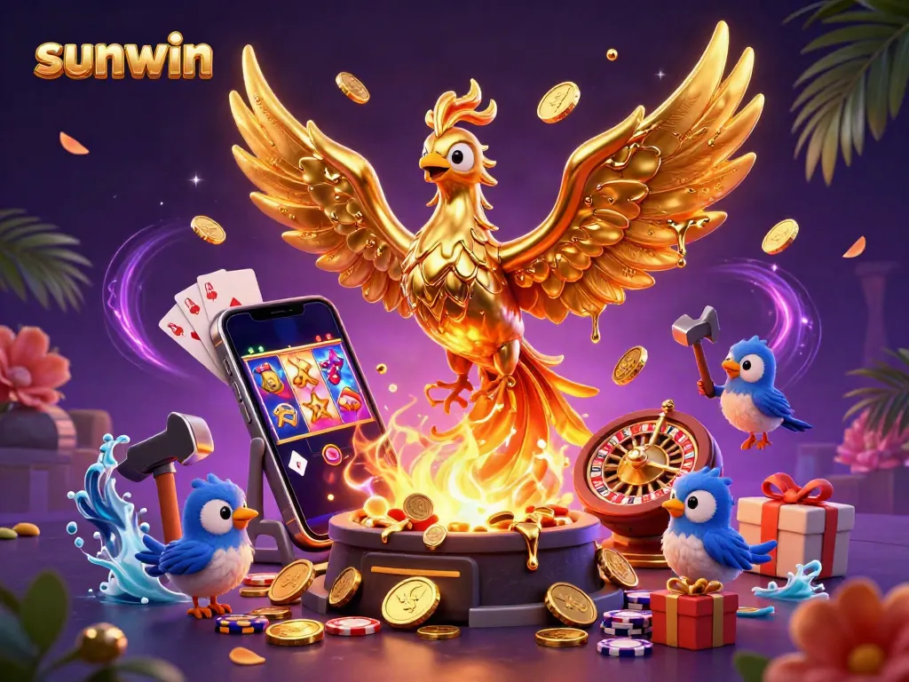 Experience sunwin's vibrant gaming landscape with a golden phoenix and slot games in a captivating 3D scene.