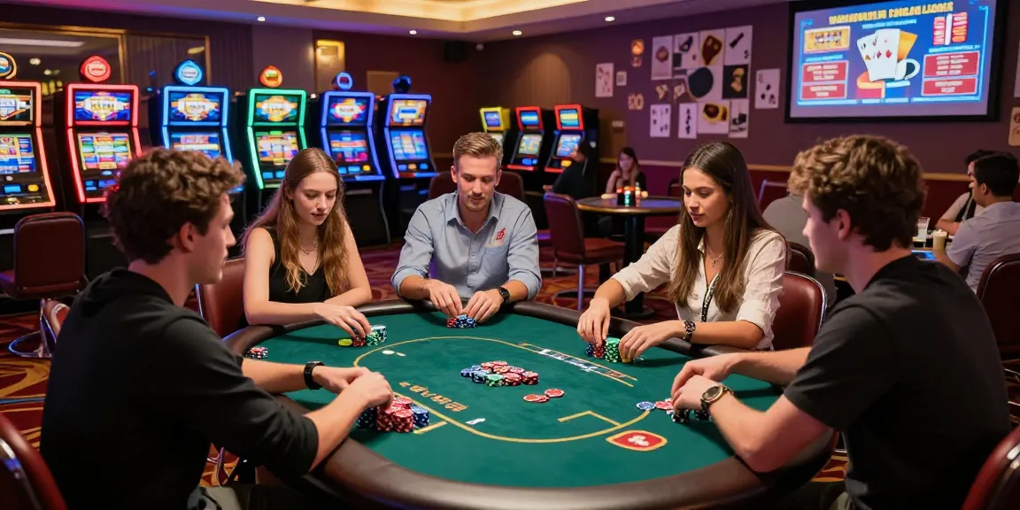 Exciting sunwin gaming scene with friends in a colorful casino.