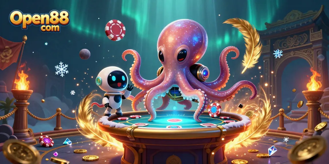 Experience thrilling gameplay at Open88 com with a vibrant casino scene featuring an alien octopus at a poker table.