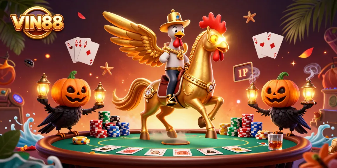 Experience thrilling action at VIN88 casino with golden rooster character amidst vibrant gaming elements.
